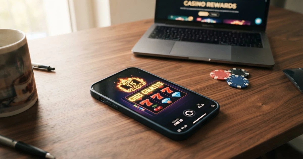 Uno schermo di smartphone che mostra una slot machine online con la scritta «Giri gratis» e il simbolo di una vincita, con lo sfondo sfocato di un casinò online su desktop