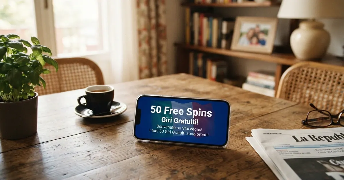 L'icona di un pacchetto regalo digitale con la scritta «50 Free Spins» sopra la sagoma di una slot machine, su sfondo blu con il tricolore italiano in trasparenza