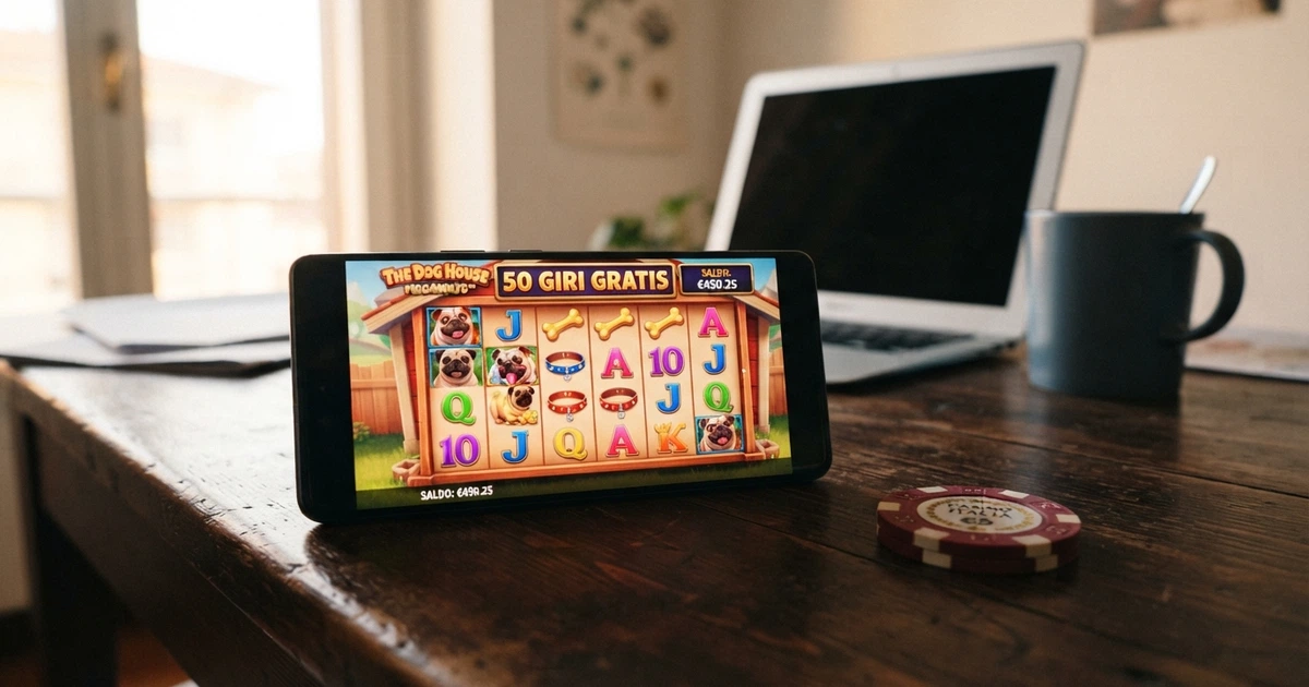 Un primo piano di uno schermo smartphone che mostra una slot machine colorata con la scritta «50 Free Spins» in sovrimpressione, accanto a un dettaglio del lucchetto della concessione ADM