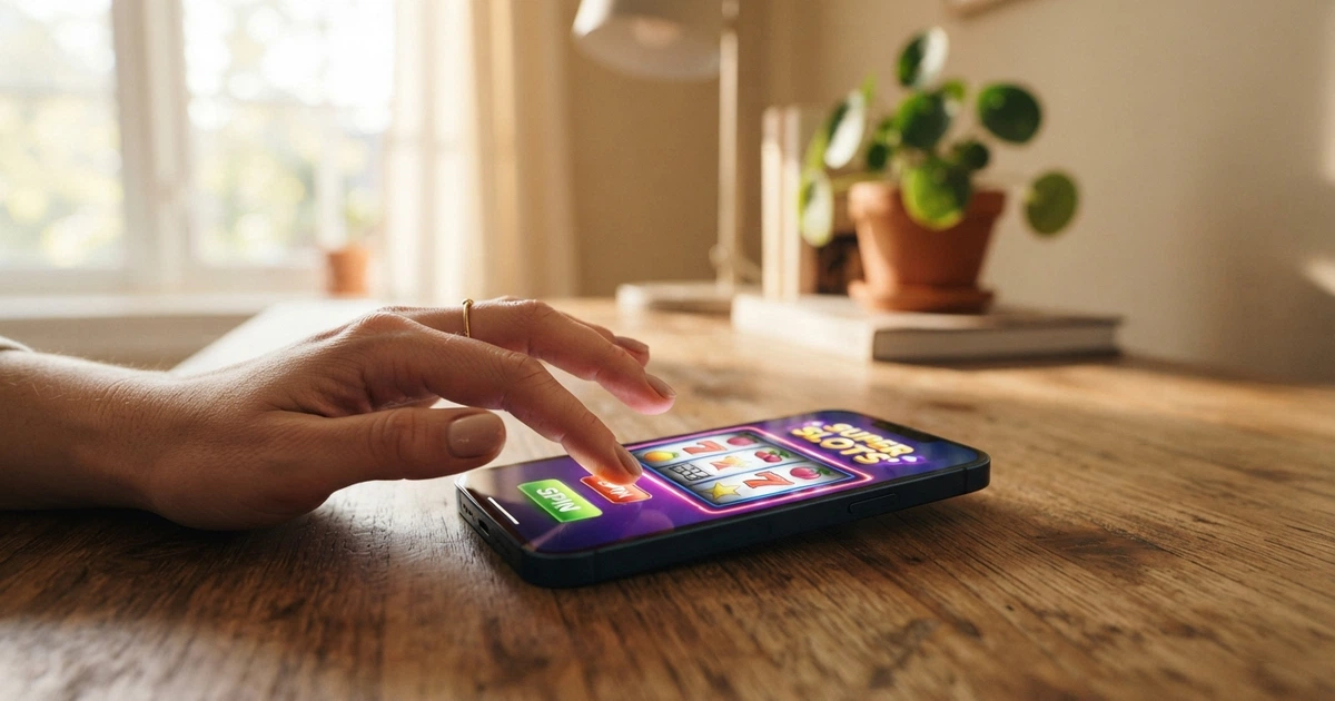 Una mano che sfiora lo schermo di uno smartphone con una slot machine colorata in primo piano e l'interfaccia di un casinò online sullo sfondo