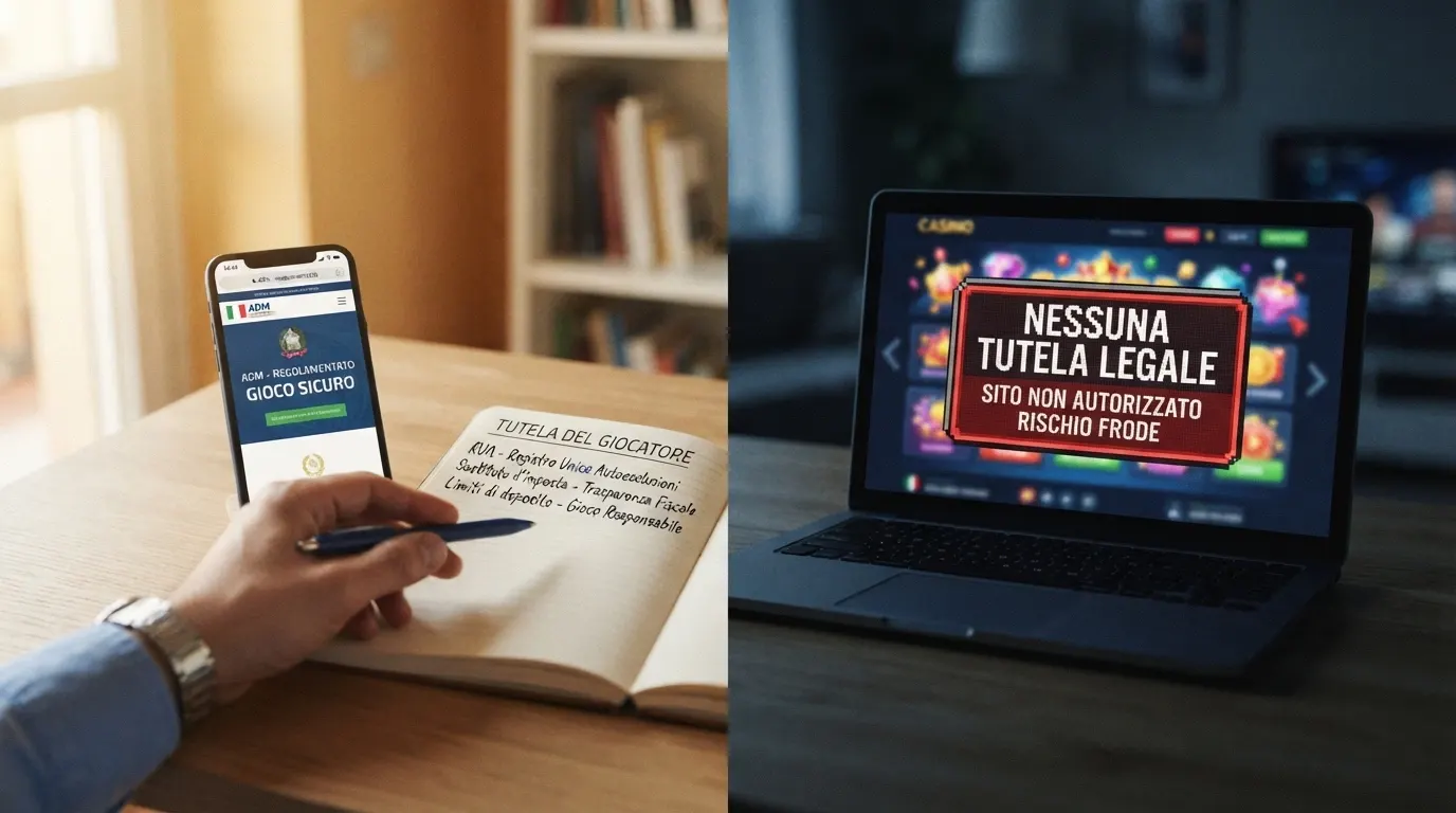 Confronto visivo tra le tutele di un casinò con licenza ADM (RUA, sostituto d'imposta, limiti, blocco autoesclusione) e l'assenza di protezioni su un sito senza concessione