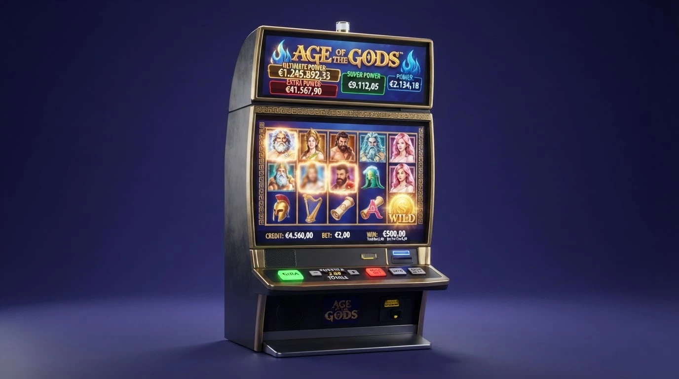 La schermata di gioco di Age of the Gods con i cinque rulli, il tempio greco sullo sfondo e i quattro jackpot progressivi (Power, Extra Power, Super Power, Ultimate Power) nella barra superiore