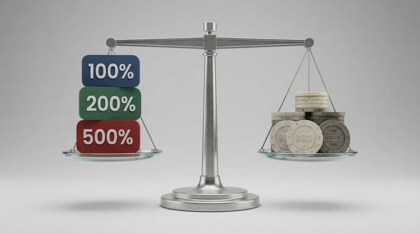 Una bilancia a piatti: sul piatto sinistro la percentuale del bonus (100%, 200%, 500%), sul piatto destro wagering, validità e tipo di bonus — il piatto destro pesa di più