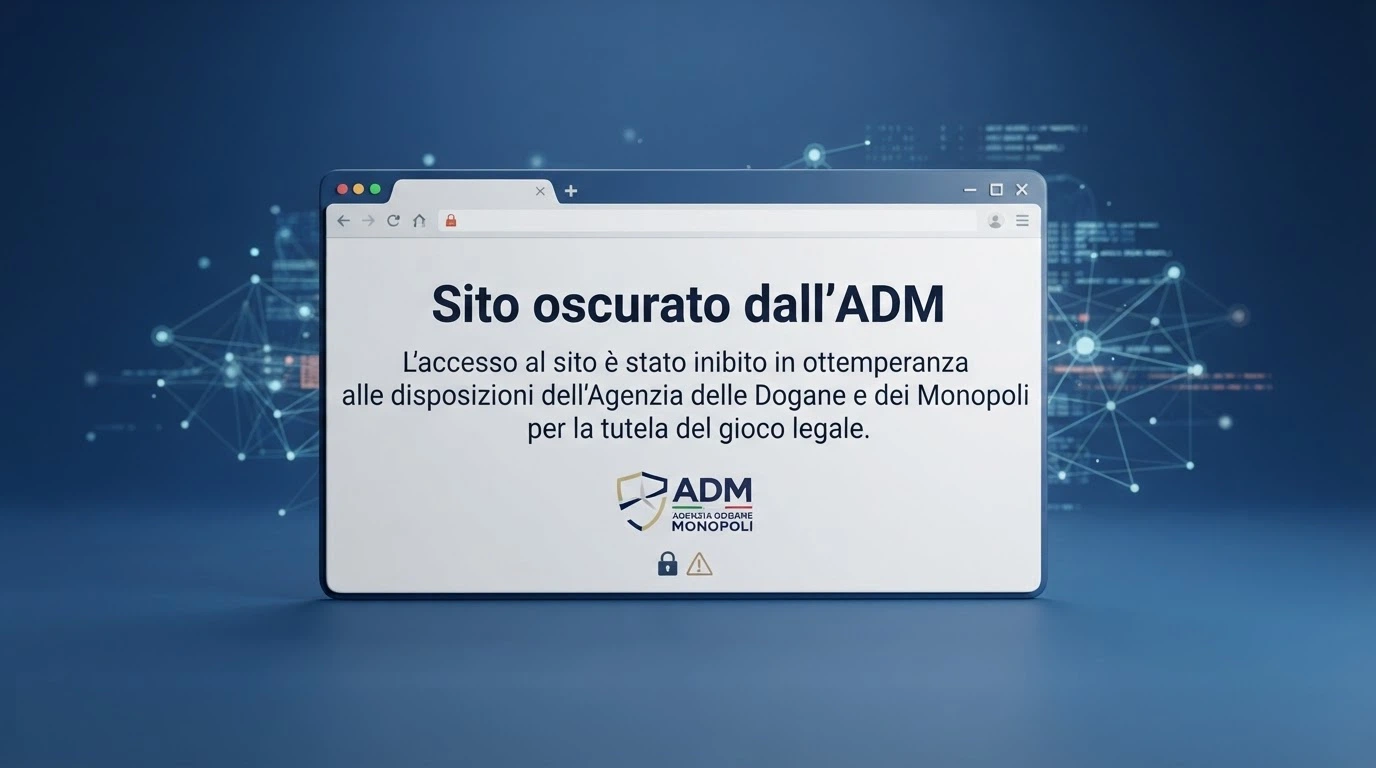 La schermata di un browser che mostra un avviso di sito oscurato dall'ADM, con il logo dell'Agenzia delle Dogane e dei Monopoli visibile