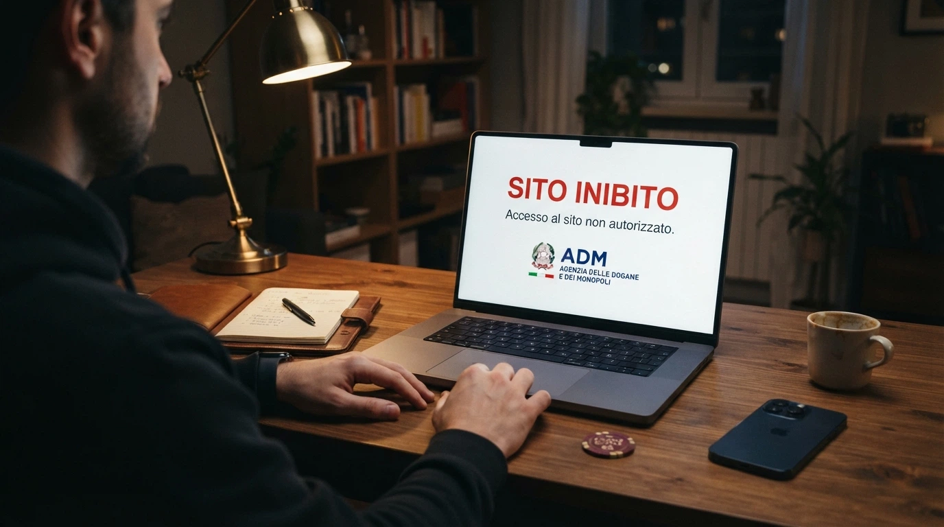 Schermata di un browser che mostra un avviso di sito inibito dall'ADM con il testo del provvedimento in italiano
