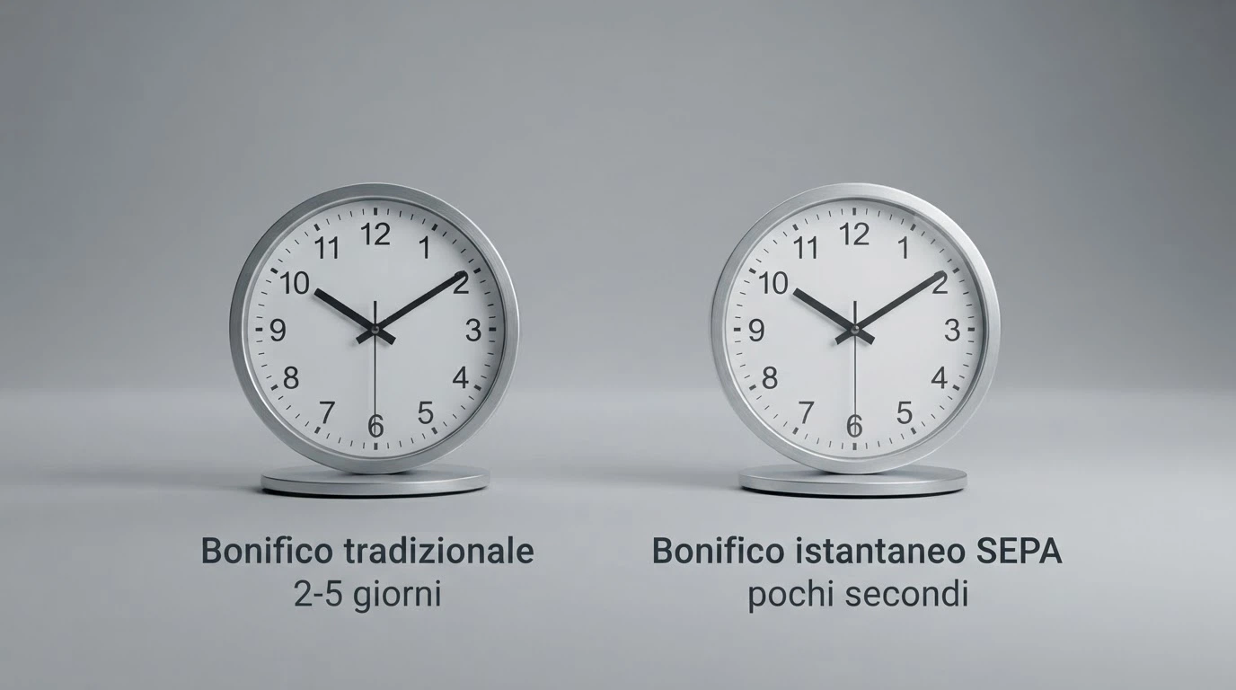 Due orologi affiancati: uno segna «2-5 giorni» con la scritta «Bonifico tradizionale» e l'altro segna «pochi secondi» con la scritta «Bonifico istantaneo SEPA»