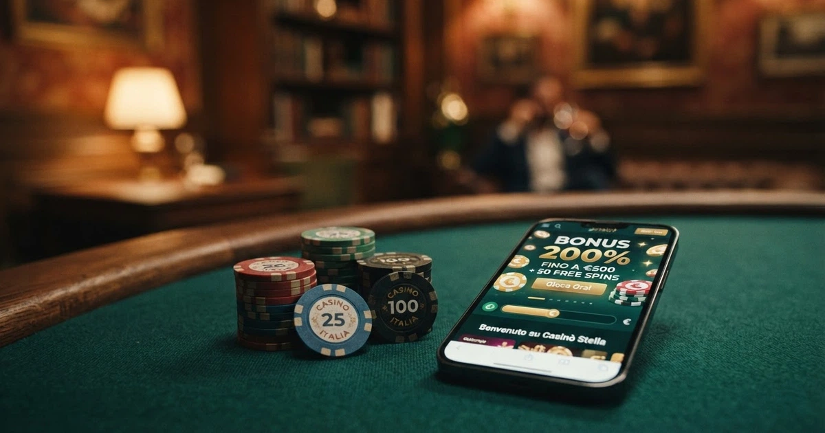 Un primo piano di chips da casinò impilate accanto alla schermata di benvenuto di un casinò online su smartphone, con la dicitura «200%» in evidenza