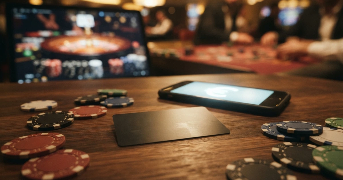 Un primo piano di una carta di credito appoggiata su un tavolo da gioco virtuale con chips illuminate e la schermata di registrazione di un casinò online sullo sfondo