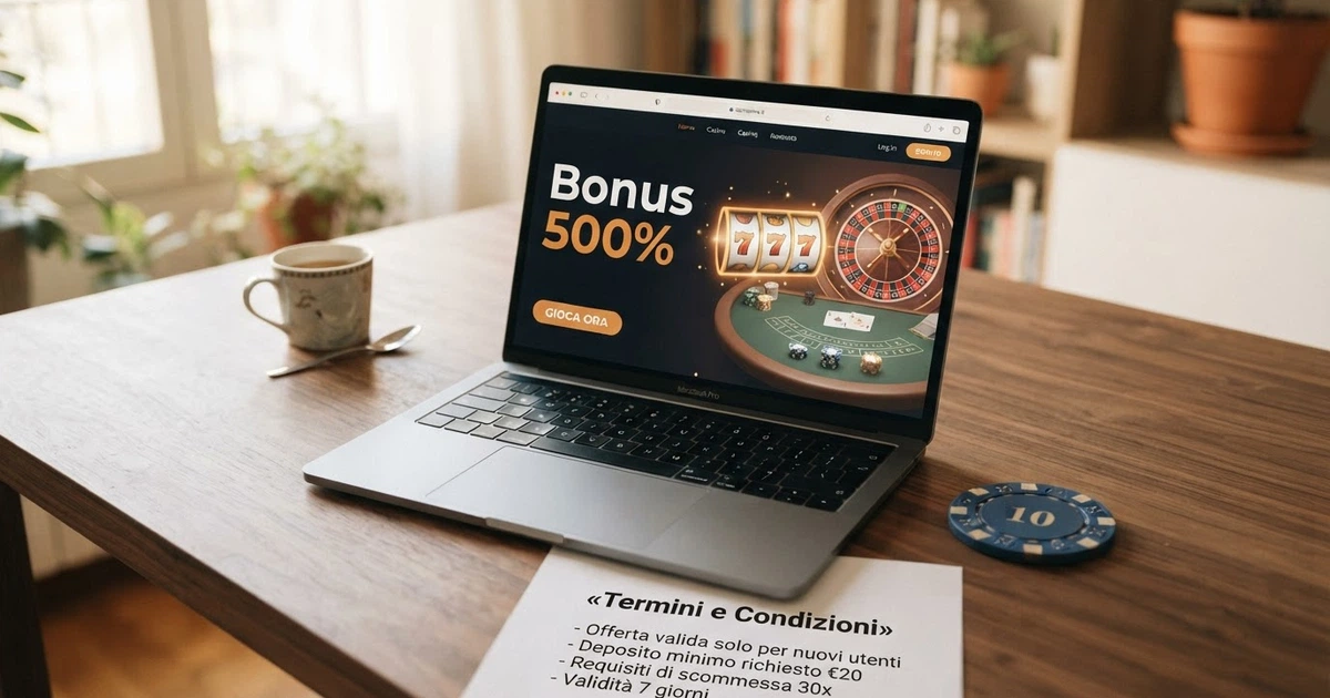 Uno schermo di computer con l'interfaccia di un casinò online in italiano, una sezione promozioni in evidenza con la dicitura «Bonus 500%» e accanto icone di lucchetti e documenti che rappresentano i termini e condizioni