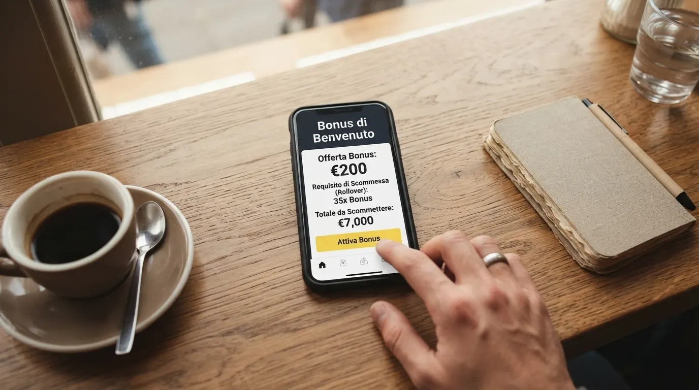 Schermata di un'offerta di bonus di benvenuto con i termini e condizioni del rollover in evidenza, affiancata da un calcolo del turnover richiesto