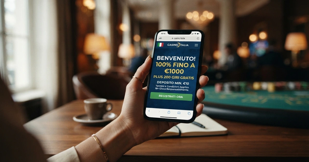 Schermata di un casinò online con licenza ADM che mostra un'offerta di bonus di benvenuto con importo, termini e condizioni in evidenza