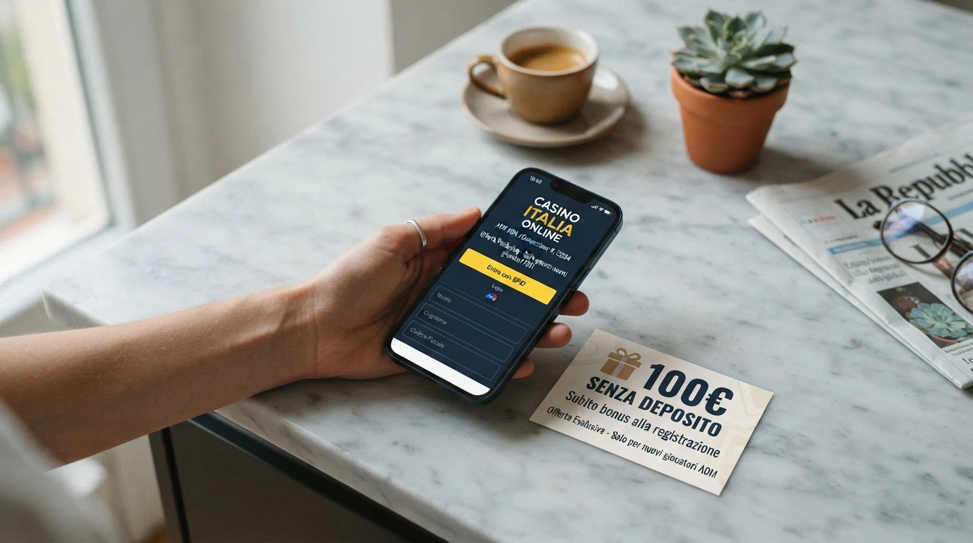 Uno smartphone con la schermata di registrazione di un casinò online, il pulsante «Entra con SPID» illuminato, accanto la cifra «100€ senza deposito»