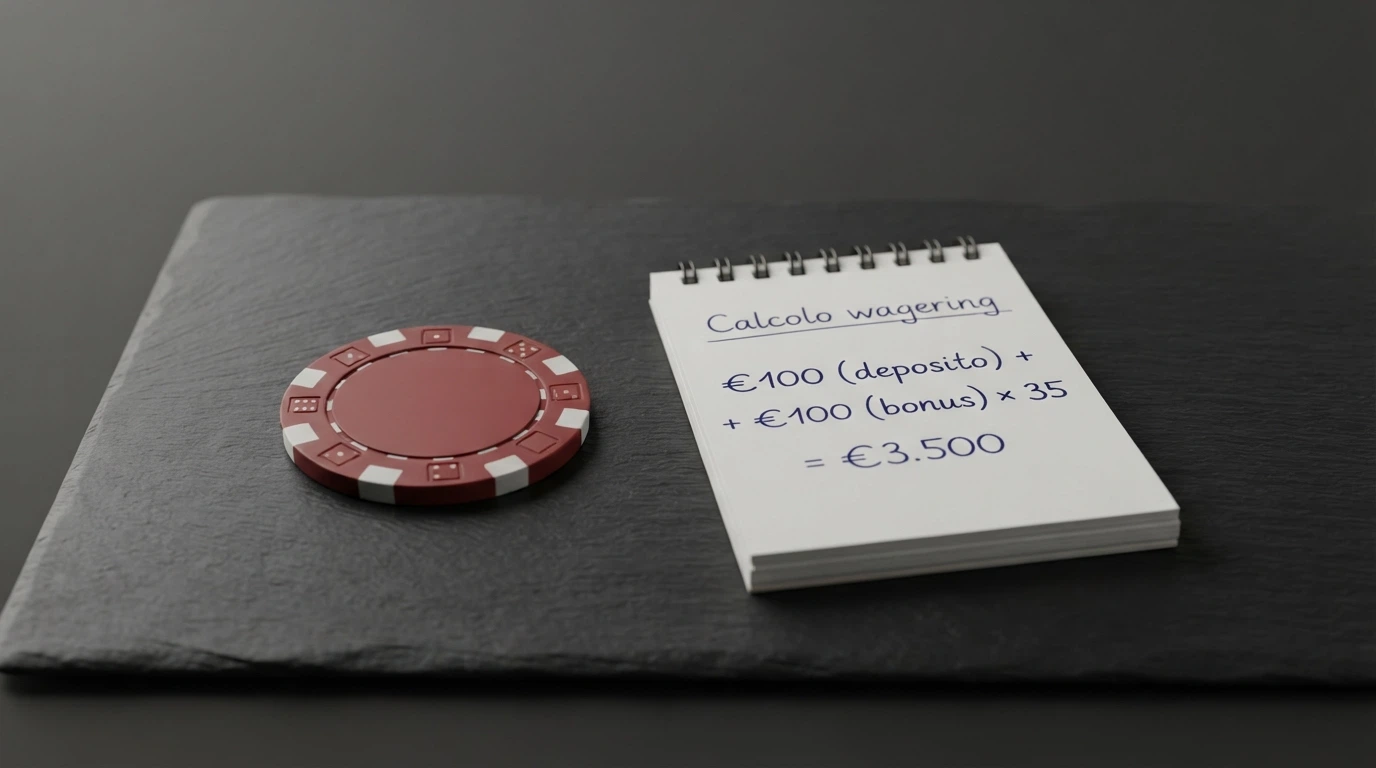 Una rappresentazione visiva del calcolo del wagering: un deposito di €100, un bonus di €100, una moltiplicazione ×35 e un totale di €35.000 di turnover richiesto, disposti come un'equazione su sfondo scuro.