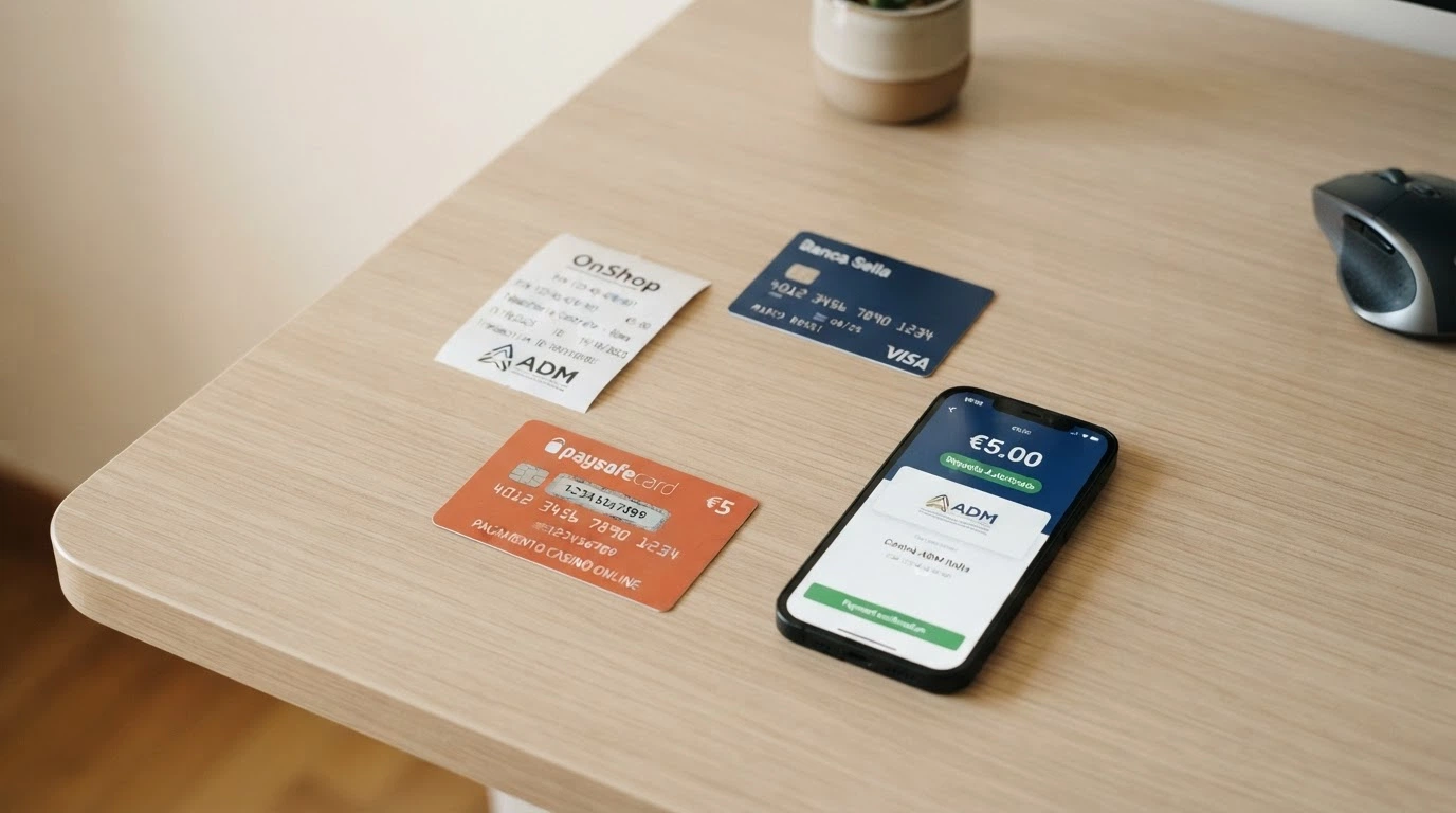 Icone dei principali metodi di pagamento per la ricarica di un conto gioco: credito telefonico, voucher OnShop, bonifico bancario e carta prepagata