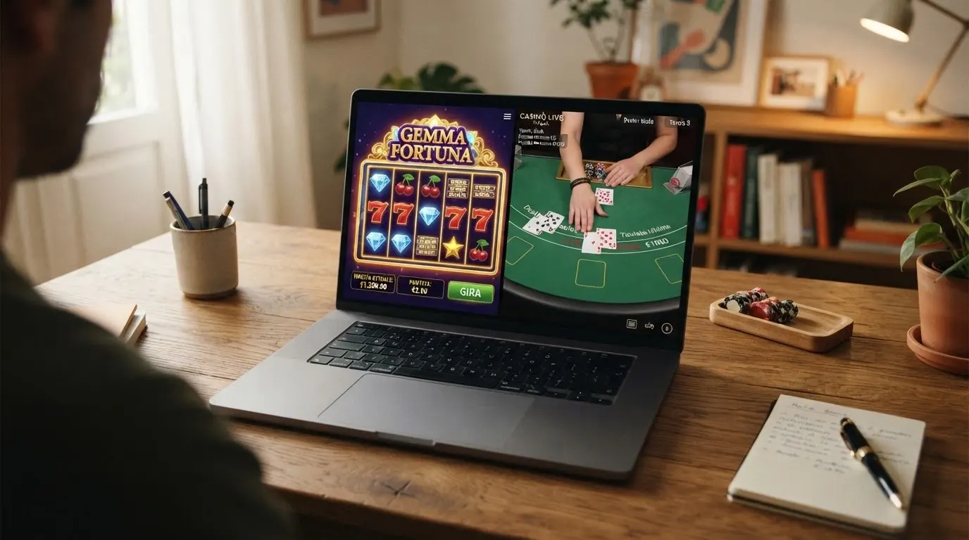 Una schermata divisa tra una slot machine digitale e un tavolo di blackjack dal vivo con un dealer, entrambe con l'indicatore di cashback attivo