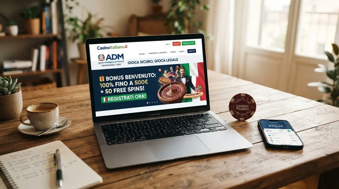 Schermata dell'area promozioni di un casinò online con licenza ADM, bonus di benvenuto e catalogo slot in evidenza