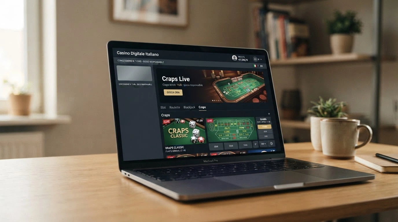 Schermata di un casinò online con licenza ADM che mostra il gioco del craps nella lobby, con il logo del concessionario e il numero di concessione in evidenza