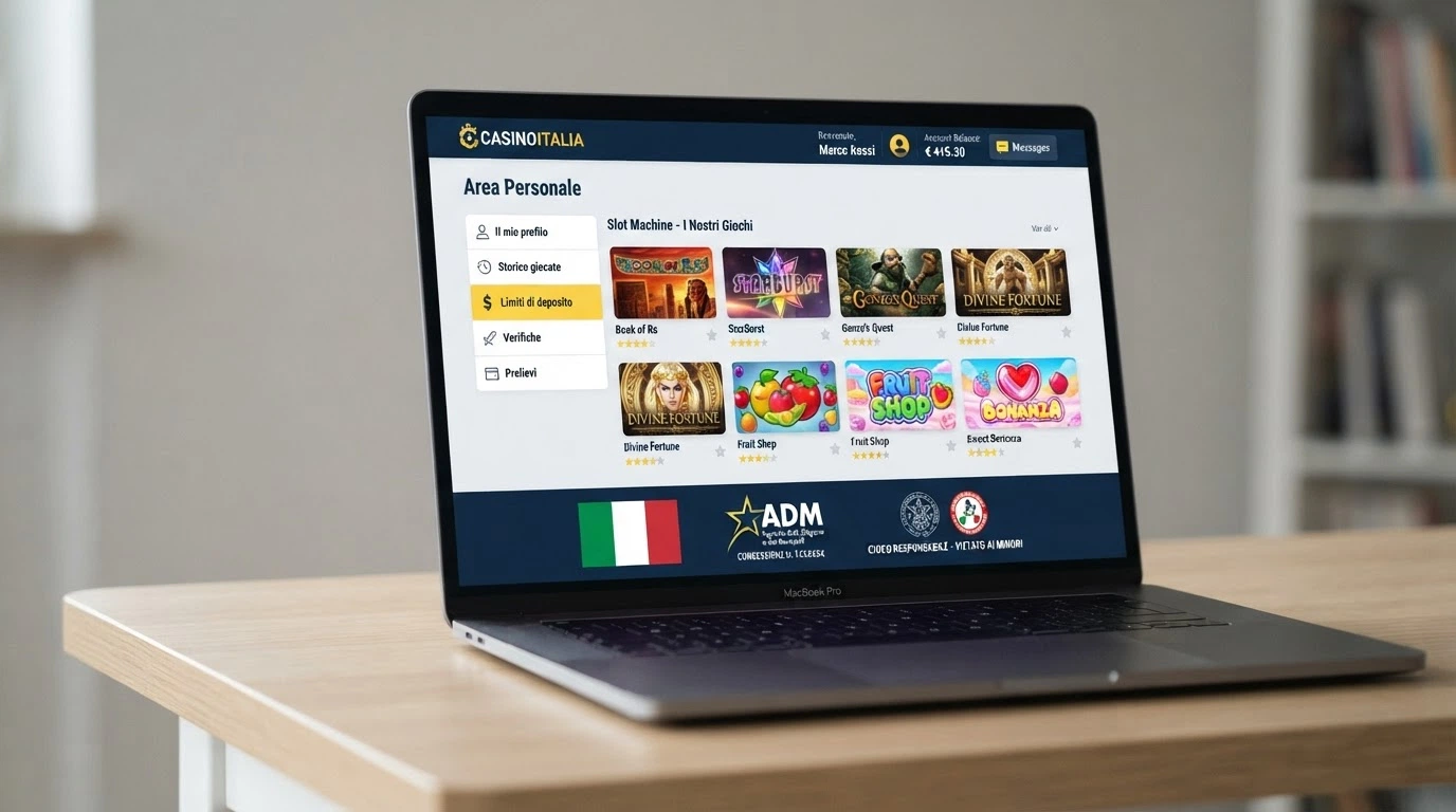 Una panoramica dell'area personale di un casinò online italiano con il catalogo slot in evidenza, il logo ADM visibile nel footer e la sezione «limiti di deposito» nell'interfaccia.