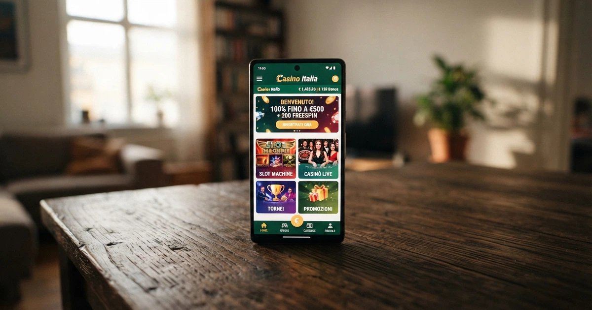 Schermata di un telefono Android che mostra la home page di un'app casinò con licenza ADM, con icone di slot, live dealer e area bonus visibili sullo sfondo di un'interfaccia in italiano