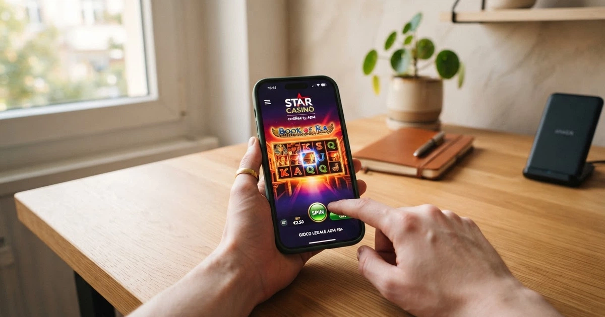 Un iPhone che mostra sullo schermo l'interfaccia di un'app casinò con licenza ADM, affiancato dal logo dell'App Store.