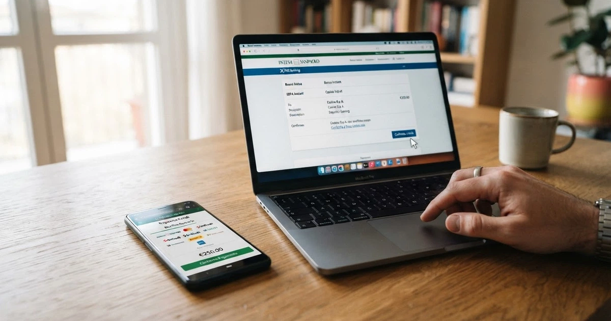 Uno smartphone che mostra la schermata di un casinò online con l'opzione di pagamento «Bonifico bancario» selezionata, accanto a un computer portatile aperto sull'home banking
