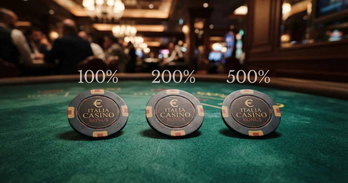 Tre carte di credito affiancate con le percentuali 100%, 200% e 500% sopra chip da casino, su sfondo verde tavolo da gioco