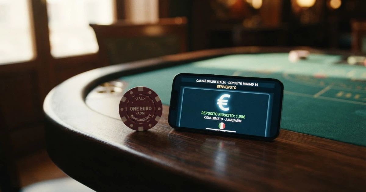 Un tavolo da gioco con una moneta da 1 euro posata sul panno verde, accanto a uno smartphone che mostra la schermata di deposito di un casinò online