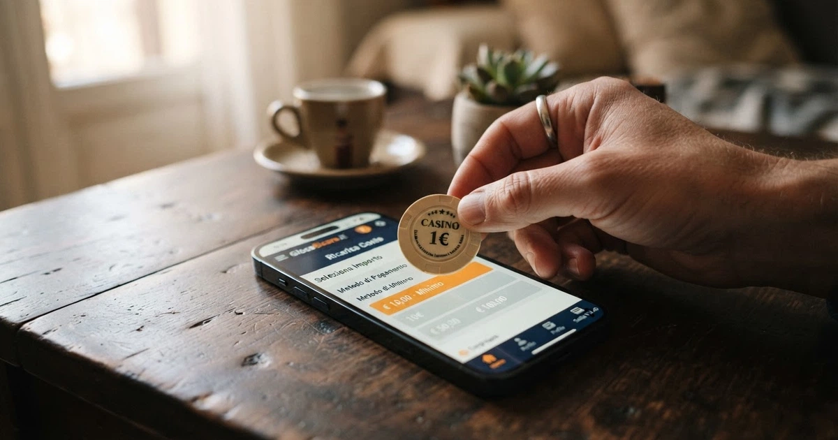 Una mano che posa una moneta da 10 centesimi accanto allo schermo di uno smartphone che mostra la schermata di ricarica di un conto gioco, con l'importo minimo di 10€ evidenziato