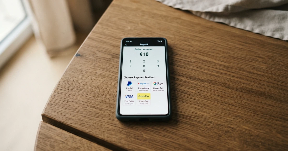 Un giocatore consulta su uno smartphone la schermata di deposito di un casinò online, con l'importo di 10€ selezionato e le icone dei metodi di pagamento disponibili