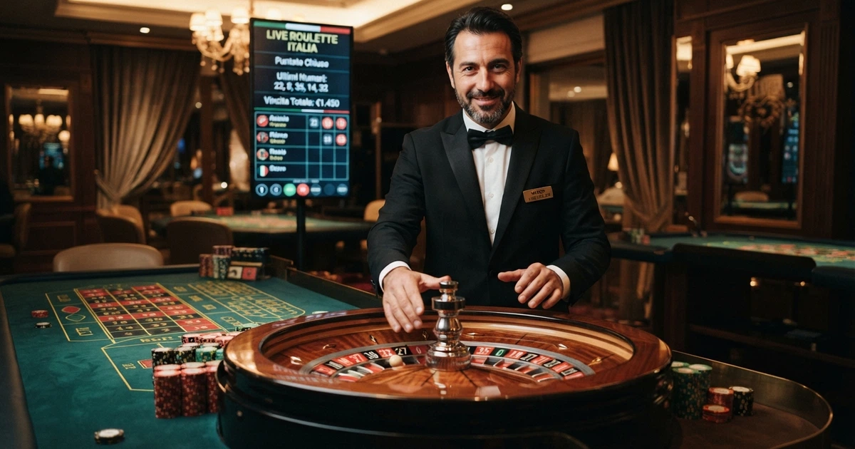 Un croupier dal vivo in smoking dietro un tavolo da roulette, inquadrato in primo piano con lo sfondo di uno studio di casinò illuminato, le chip impilate sul tavolo verde e lo schermo che mostra le puntate dei giocatori in tempo reale