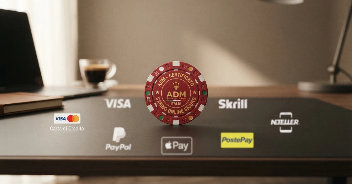 Un collage ordinato che mostra le icone dei principali metodi di pagamento accettati nei casinò ADM: carte, e-wallet, bonifico, prepagate e mobile wallet, disposti su uno sfondo pulito con richiami visivi al gioco legale italiano
