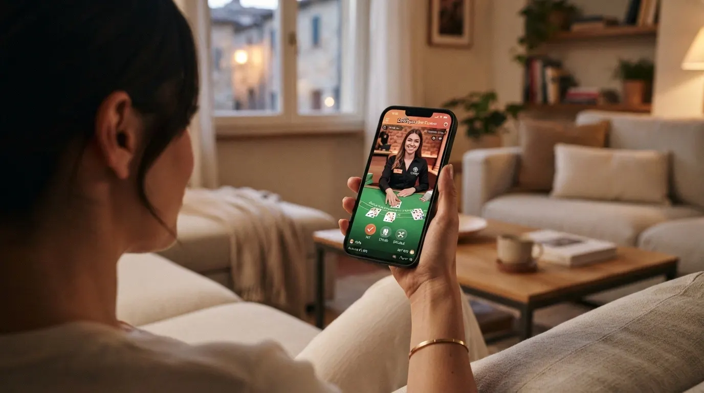 Uno smartphone in mano a un giocatore, sullo schermo un tavolo di blackjack live con il dealer inquadrato, sullo sfondo un ambiente domestico