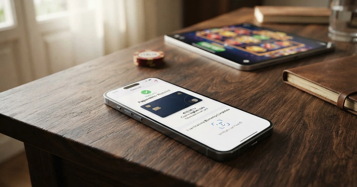 Uno smartphone iPhone che mostra il wallet Apple Pay con il logo di un casinò online sullo schermo, la conferma di pagamento con Face ID e una carta virtuale tokenizzata