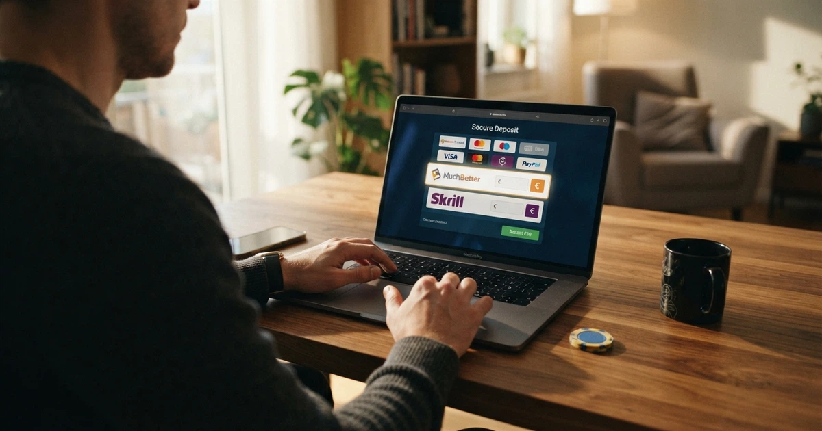 Un giocatore seduto davanti allo schermo di un computer con la schermata di deposito di un casinò online aperta, il logo di ecopayz visibile tra i metodi di pagamento e una carta d'identità italiana posata sulla scrivania accanto alla tastiera