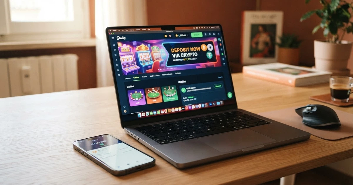 Un'interfaccia di casinò online con l'opzione di deposito in Ethereum evidenziata sullo schermo di un laptop, accanto a un wallet MetaMask aperto sullo smartphone