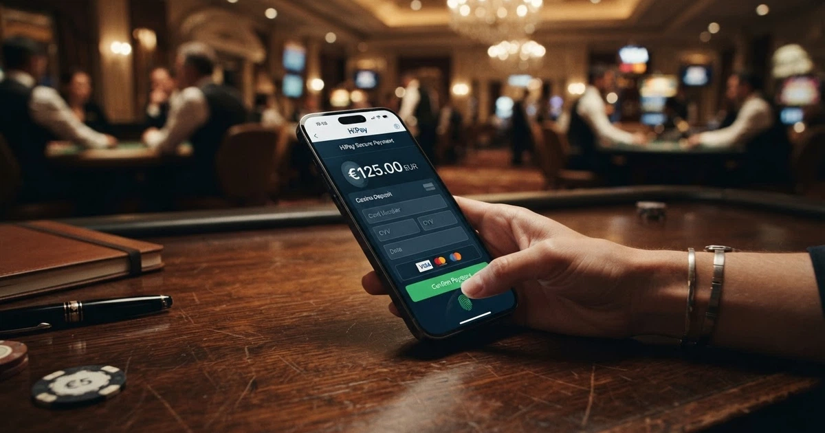 Interfaccia di pagamento HiPay su un casinò online, con logo HiPay e schermata di selezione del metodo