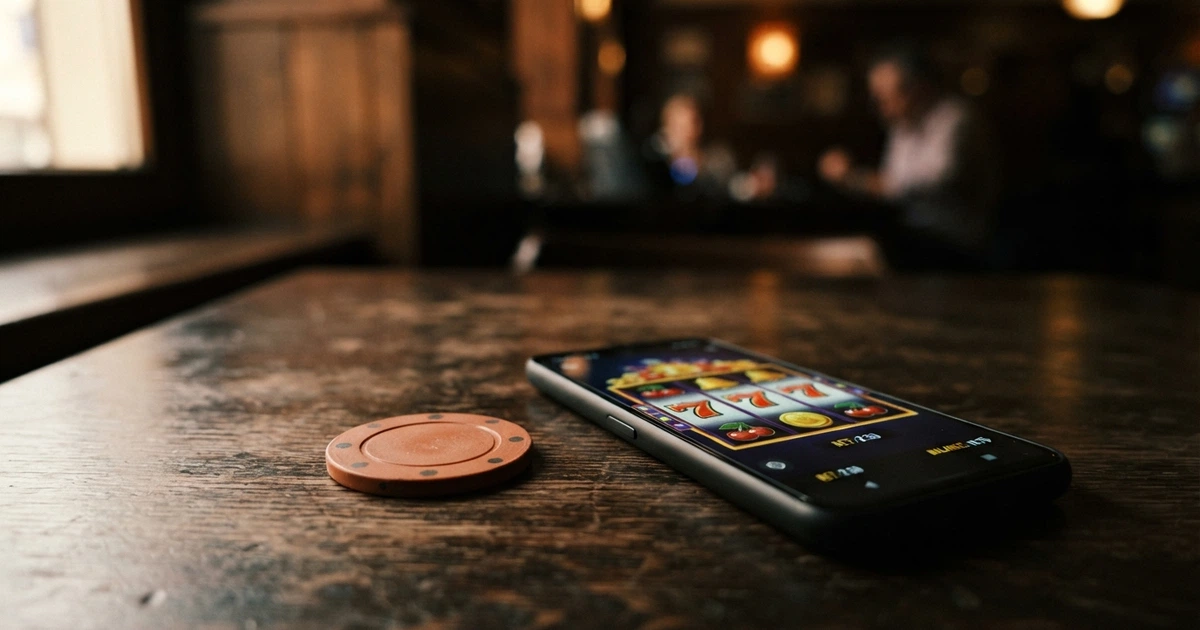 Una carta Maestro appoggiata accanto a uno smartphone che mostra la schermata di un casinò online, su uno sfondo neutro