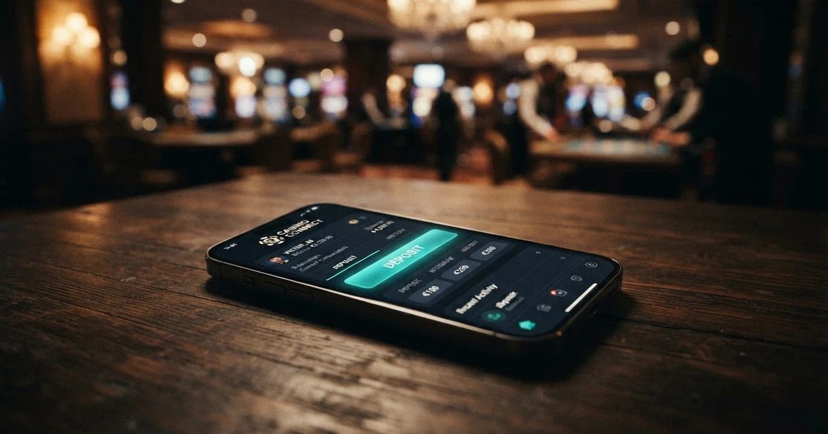 L'interfaccia dell'app MuchBetter aperta sullo schermo di uno smartphone, con il logo del portafoglio elettronico in evidenza e lo sfondo sfocato di una lobby di casinò online