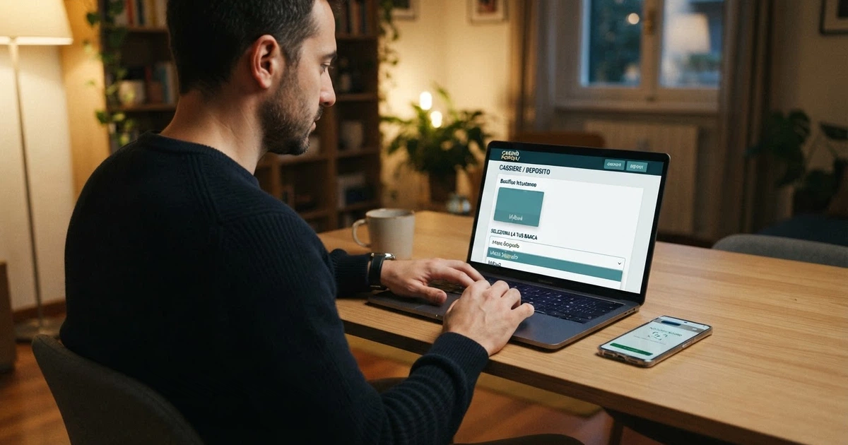 Un giocatore italiano davanti allo schermo del computer mentre seleziona MyBank tra i metodi di pagamento di un casinò online, con il logo MyBank visibile nell'interfaccia di cassa