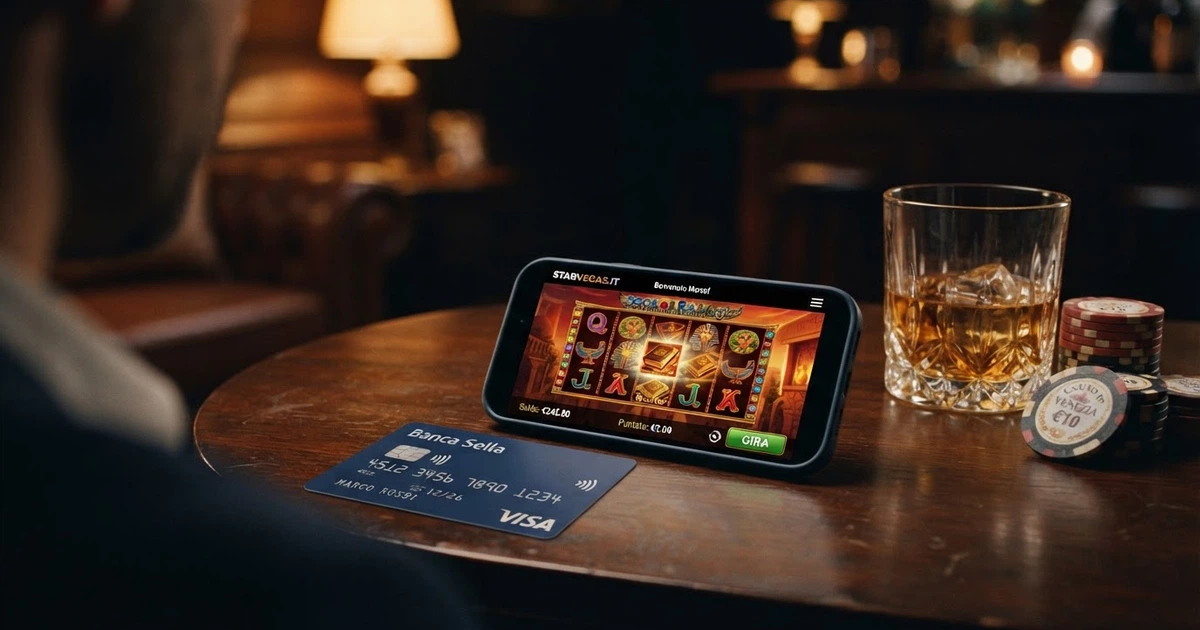 Una carta di pagamento Nexi appoggiata su uno smartphone con l'interfaccia di un casinò online sullo schermo, affiancata da un bicchiere e fiches da gioco su uno sfondo scuro.