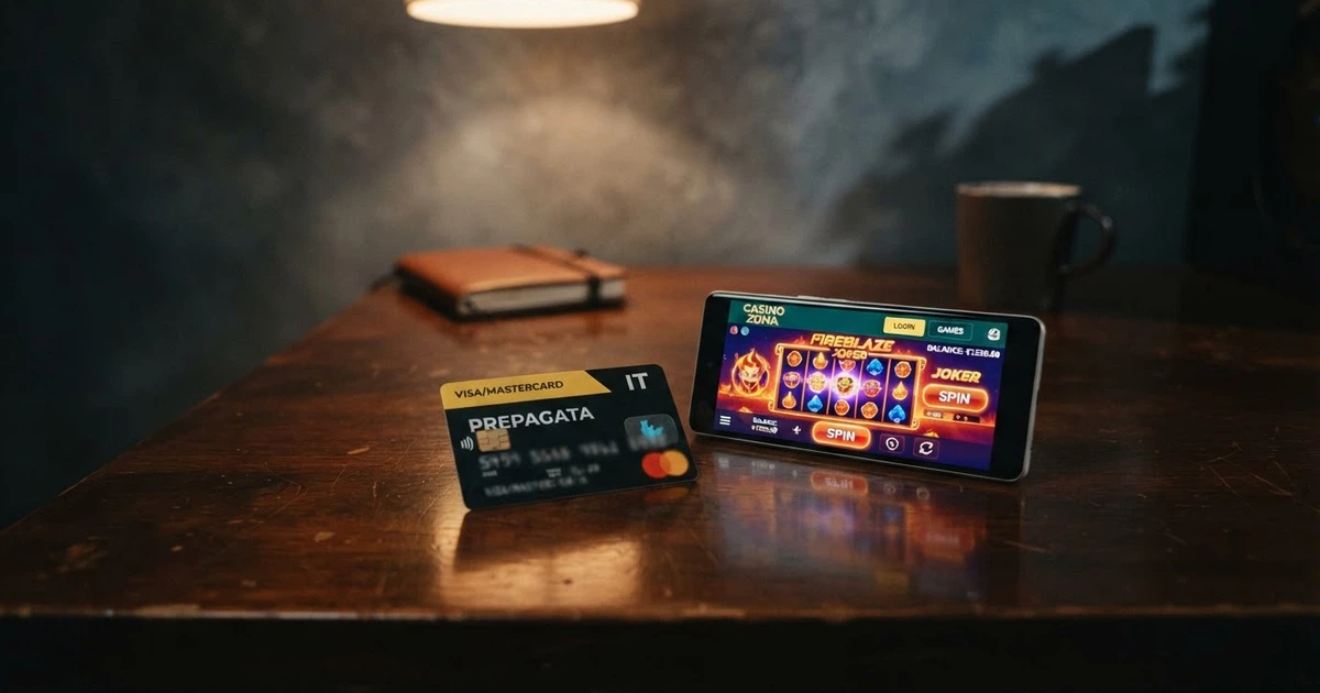Una carta PostePay gialla appoggiata accanto allo schermo di uno smartphone che mostra un casinò online, su uno sfondo scuro