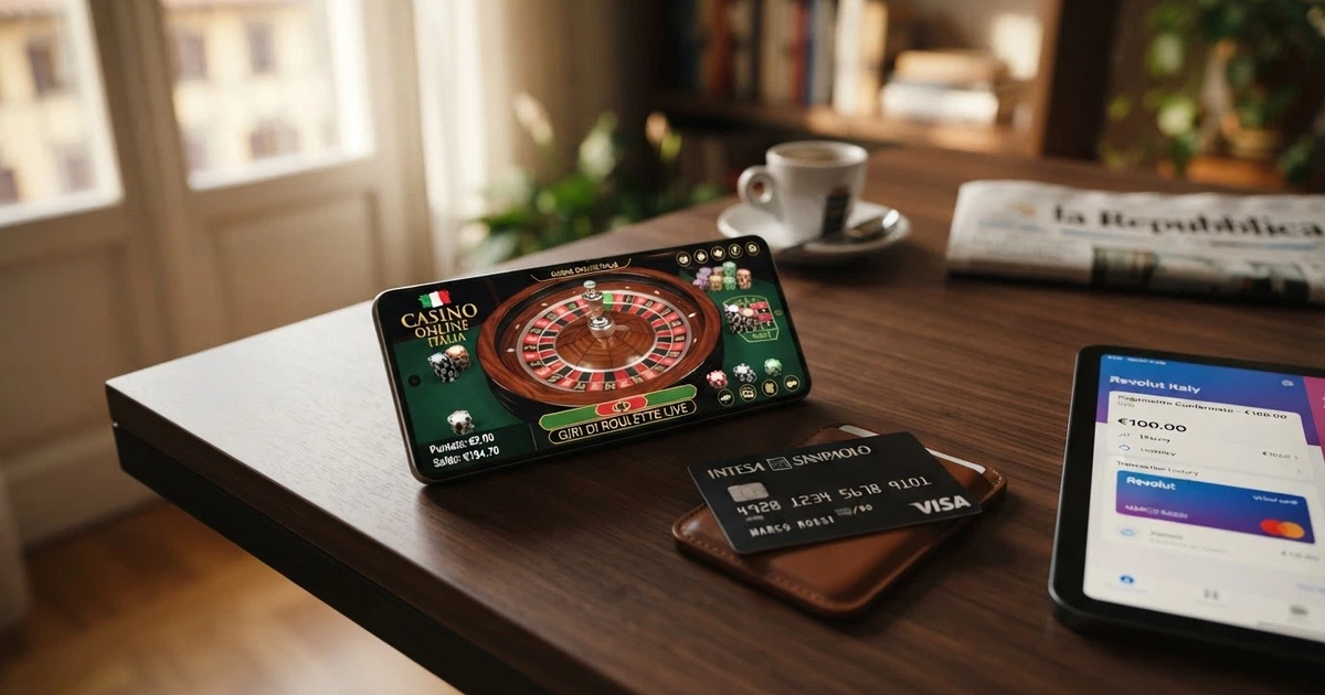 L'app Revolut aperta sulla schermata dei pagamenti, con carta fisica e virtuale visibili, affiancata a un'interfaccia di casinò online su sfondo