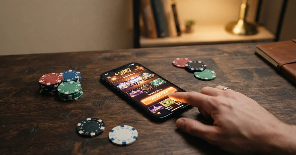 Un giocatore davanti allo schermo di un casinò online con una grafica che mostra la schermata di deposito da 10 euro e icone di metodi di pagamento.