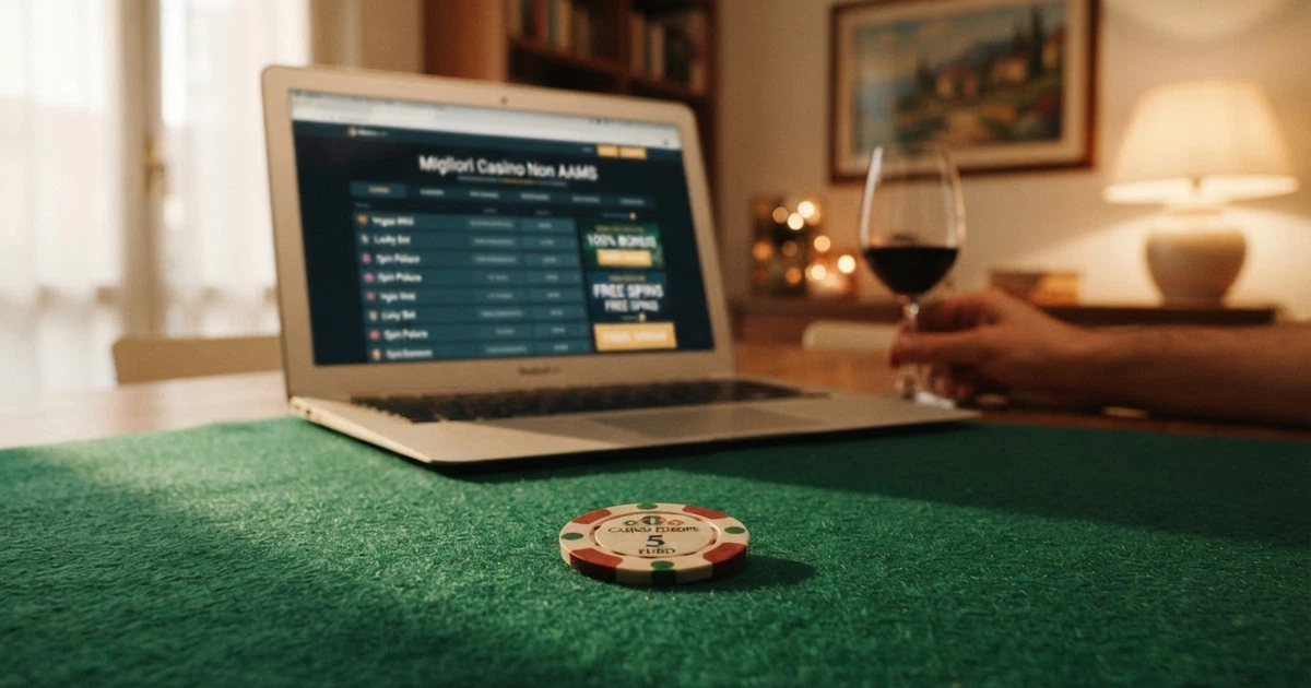 Un tavolo da gioco virtuale con una chip da 5 euro in primo piano e una lista di casinò sfocata sullo sfondo