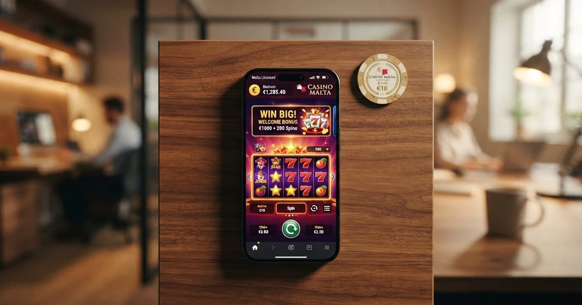 Interfaccia di un casinò online con licenza MGA visualizzata su schermo desktop e mobile, con lobby giochi e area bonus in evidenza