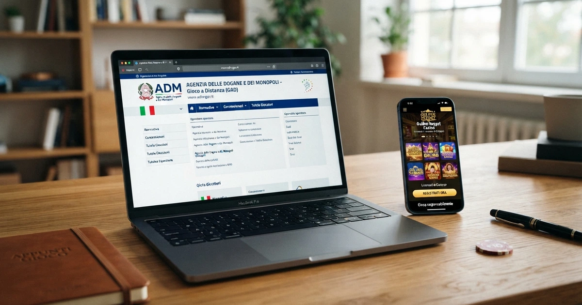 Il portale dell'Agenzia delle Dogane e dei Monopoli (ADM) accanto alla schermata di un casinò con licenza internazionale Curaçao, a illustrare la differenza tra gioco regolamentato e non regolamentato