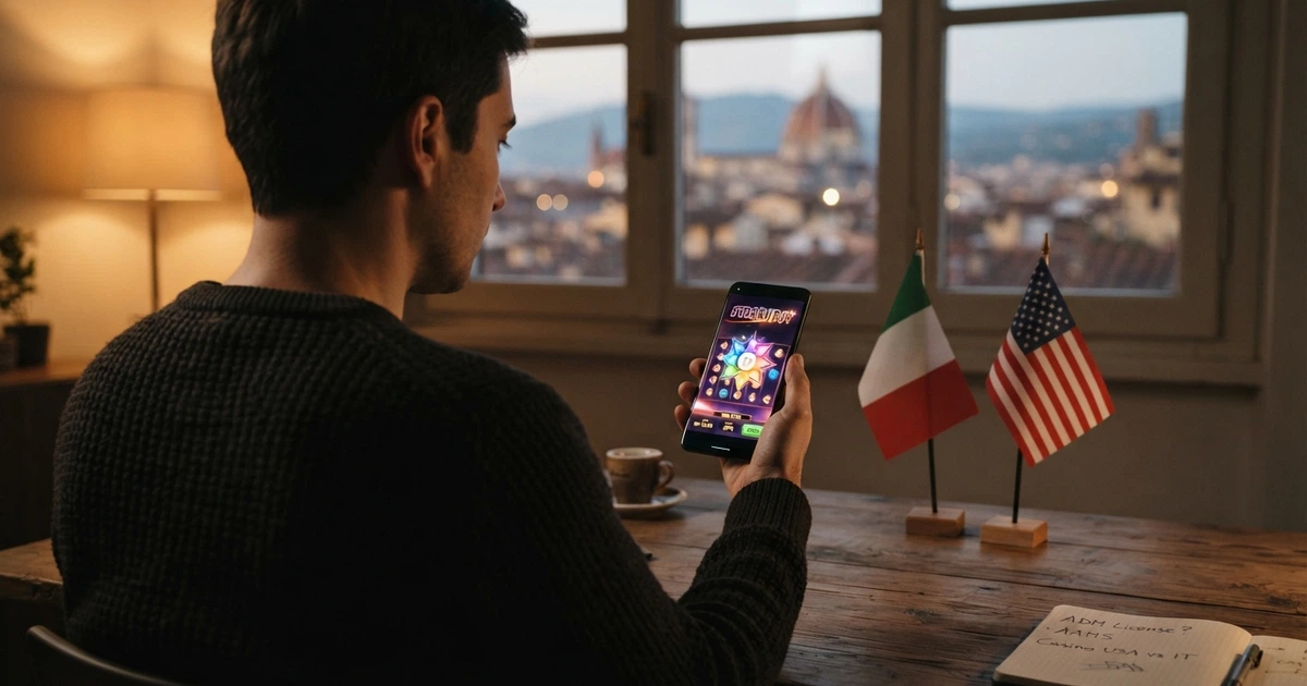 Un giocatore italiano davanti allo schermo di un computer, affiancato dalle icone delle bandiere italiana e statunitense, con l'interfaccia di un casinò online sullo sfondo — il dubbio visivo tra due mondi