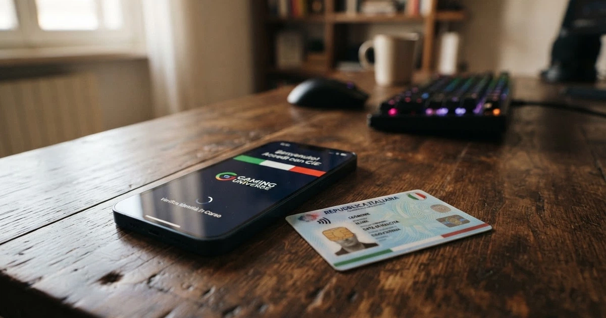 Smartphone con lo schermo dell'app CieID aperta, una Carta d'Identità Elettronica italiana appoggiata accanto e il simbolo NFC visibile sul telefono
