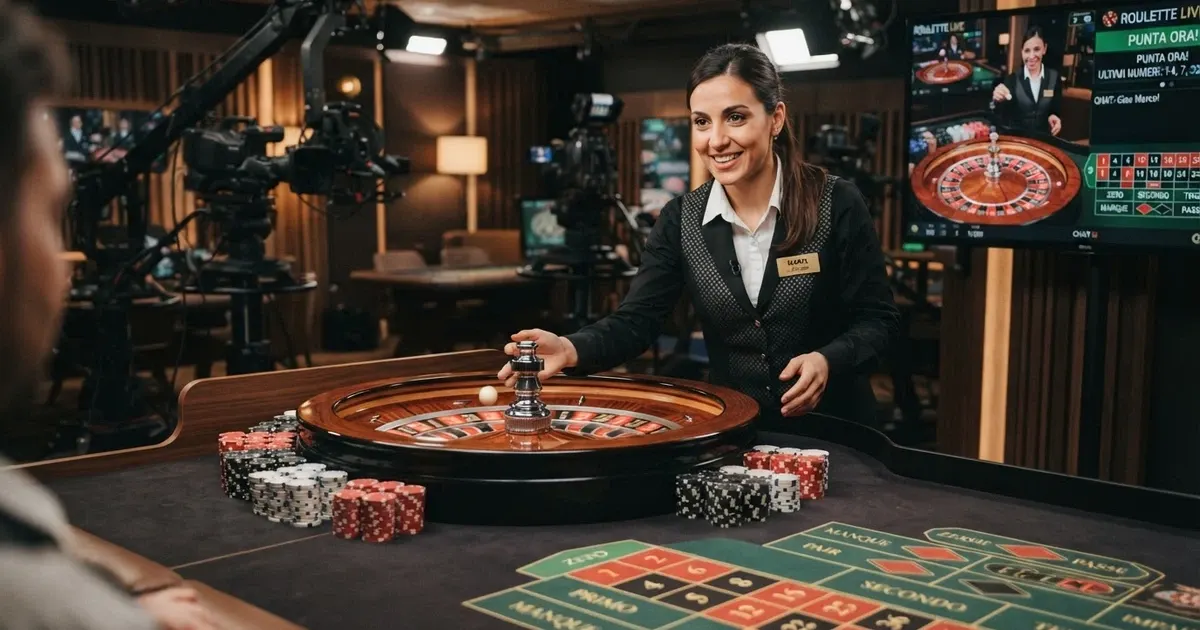 Un croupier dal vivo in uno studio di casinò con tavolo da roulette, telecamere multiple e monitor alle spalle