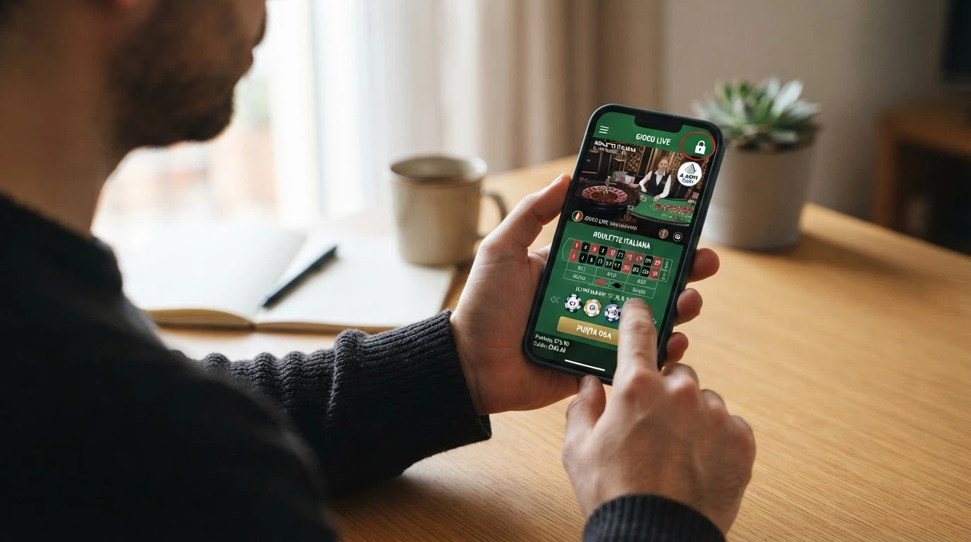 L'interfaccia di un casinò online italiano con concessione ADM, con il lucchetto di sicurezza e il logo del concessionario visibili